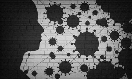 Silhouette of a man head and viruses. Health relative brochure, report or flyer design template. Scientific medical designs. Connected lines with dots. Virus outbreak conceptの写真素材
