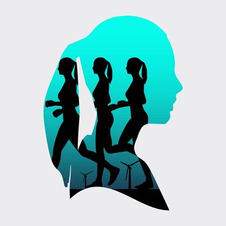 Running women silhouettes. Double exposure portrait of young womanのイラスト素材