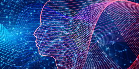 Face profile view. Elegant silhouette of male head. Beautiful man futuristic style portrait. Thin line styleの写真素材