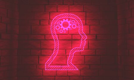 Silhouette of a head. Mental health relative brochure, report design template. Scientific medical designs. Gears group as a symbol of a brains. 3D rendering. Neon bulb illuminationの写真素材