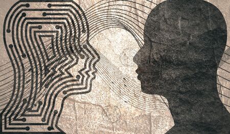 Profile of the head of a man. Scientific medical designs. Connected lines with dots. Robotics industry concept. Human and robot relationshipsの写真素材