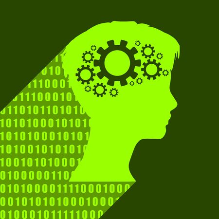 Silhouette of a woman head. Mental health concept. Gears icons in head as symbol of brainstorm or thinking. Web icon with long shadow. Binary codeのイラスト素材