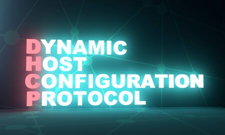 Illustration of information technology acronym. Abbreviation term definition DHCP - Dynamic Host Configuration Protocol. 3D rendering. Neon bulb illuminationの写真素材