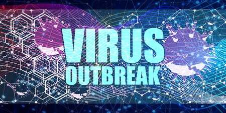 Abstract virus image on backdrop and text. Virus outbreak danger relative illustration. Medical research theme. Epidemic alertの写真素材