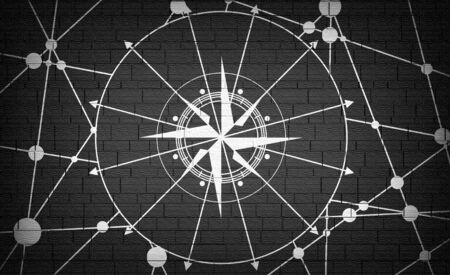 Brochure or report design template. Connected lines with dots. Travel and discovery relative image. Compass symbol on geometry patternの写真素材