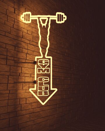 Bodybuilder and barbell outline silhouettes. Icon of the posing athlete. Gym club text in arrow. 3D rendering. Neon bulb street sign illuminationの写真素材