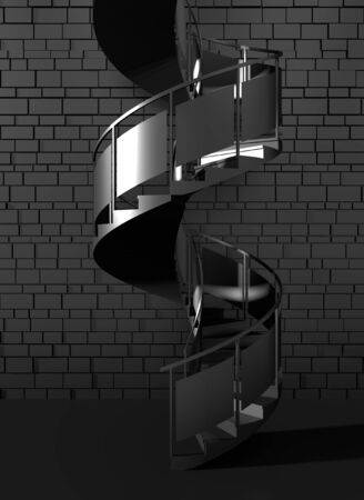 Outdoor view of part of wall with black spiral staircase. Abstract architectural background. Business success concept. 3D renderingの写真素材