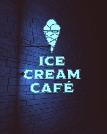 Ice cream cafe emblem. 3D rendering. Neon bulb street sign illuminationの写真素材