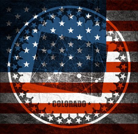 Image relative to USA travel. Colorado state map textured by lines and dots pattern. Stamp in the shape of a circle. Flag of the USAの写真素材