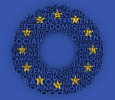 Words cloud relative for voting. Circle frame. 3D rendering.Flag of the European Unionの写真素材