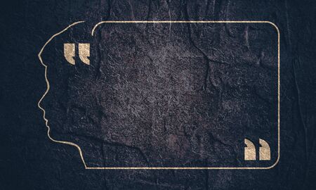 Quote blank with text bubble with man face outline silhouette and commas. Template for note, message, comment. Dialog box.の写真素材