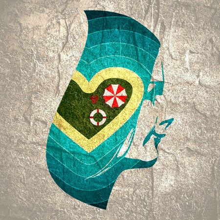 Double exposure portrait of young woman and sea, yellow sand and beach umbrella. Heart shaped tropical islandの写真素材