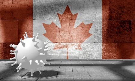 Coronavirus pandemic concept. Model of virus in empty room. Rough surface of the stone blocks. Rectangular shapes. 3D rendering. Flag of the Canadaの写真素材