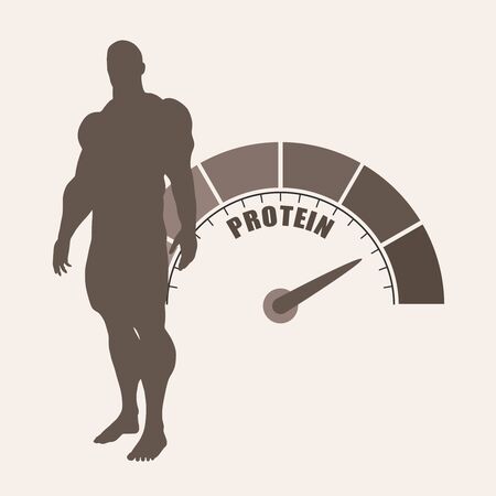 Gradient scale. Protein level measuring device icon. Sign tachometer, speedometer, indicators. Infographic gauge element. Silhouette of muscular manのイラスト素材