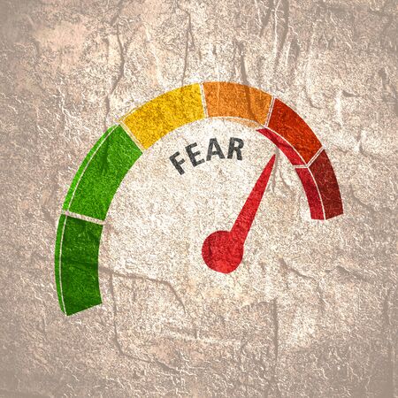 Fear level conceptual meter indicating maximum.Color scale with arrow from green to red. Sign tachometer, speedometer, indicators. Colorful infographic gauge element.の写真素材