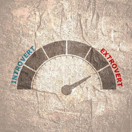 Extrovert vs introvert illustration. Image relative to human psychology. Level scale with arrow. The measuring device icon. Sign tachometer, speedometer, indicators. Infographic gauge element.の写真素材