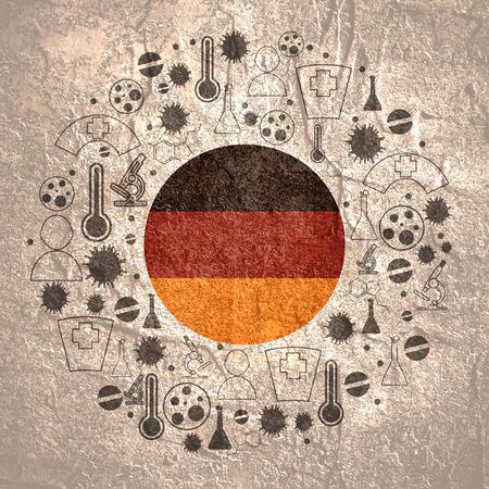 Circle frame with medicine icons and tags. Coronavirus virus danger relative illustration. Flag of the Germanyの写真素材