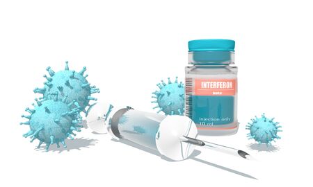 Medicine vial, viruses and syringe. Bottle label with interfeeron beta. Medical concept. 3D renderingの写真素材