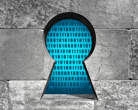 Key hole in the concrete blocks wall. 3D rendering. Algorithm binary, data code, decryption and encoding, row matrixの写真素材