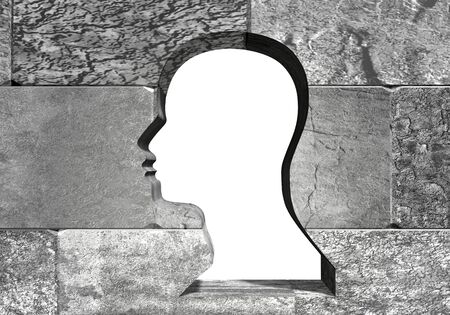 Man head as key hole in the concrete blocks wall. 3D rendering