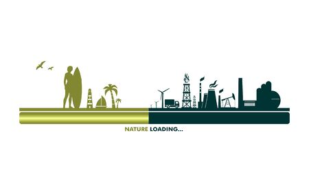 Industrial and tropical recreation relative silhouettes. Woman posing with surfboard,cruise ship,...