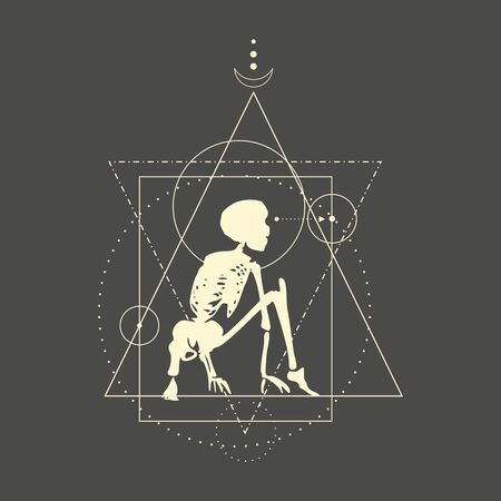 Mystery, witchcraft, occult and alchemy tattoo sign. Mystical vintage gothic geometry thin lines symbol with silhouette of a human skeletonのイラスト素材