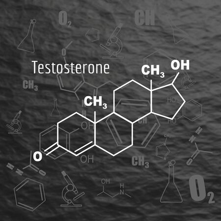 Chemical molecular formula hormone testosterone. Infographics illustration. Man silhouette. Black stone backdround.のイラスト素材