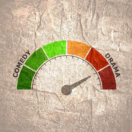 Drama and Comedy genres. Level scale with arrow. The measuring device icon. Sign tachometer, speedometer, indicators. Infographic gauge element.の写真素材