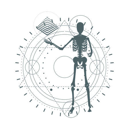 Mystery, witchcraft, occult and alchemy tattoo sign. Mystical vintage gothic geometry thin lines symbol with silhouette of a human skeletonのイラスト素材