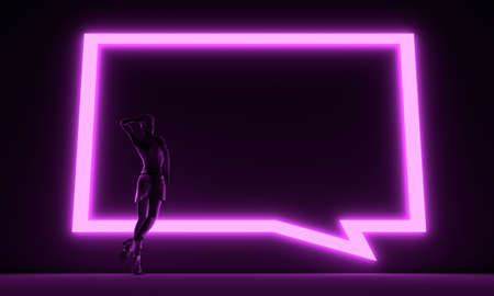 Woman backlight silhouette. Neon shine bubble speech. 3D rendering