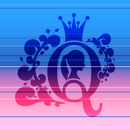 Vintage queen silhouette. Medieval queen profile. Elegant silhouette of a female head. Ponytail hairstyle. Royal emblem with Q letter decorated by floral patternのイラスト素材