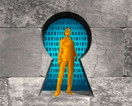 Woman stay in ey hole in the concrete blocks wall. 3D rendering. Algorithm binary, data code,...