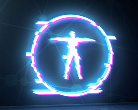 Human icon in circle. Medical, technology, chemistry and science background. Distorted glitch style. 3D renderingの写真素材
