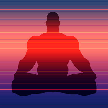 Muscular man sit in meditation pose. Bodybuilder relaxing. Human silhouette. Yoga center brochure.のイラスト素材