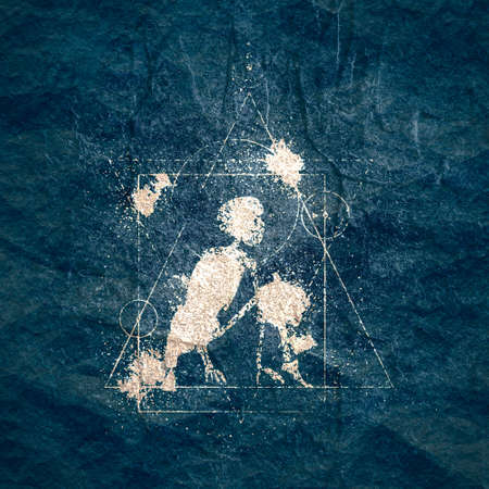 Mystery, witchcraft, occult and alchemy tattoo sign. Mystical vintage gothic geometry thin lines symbol with silhouette of a human skeleton. Grunge style illustrationの写真素材