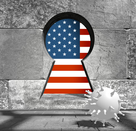 Coronavirus pandemic concept. Model of virus in empty room. Rough surface of the stone blocks. 3D rendering. Key hole with flag of the USAの写真素材