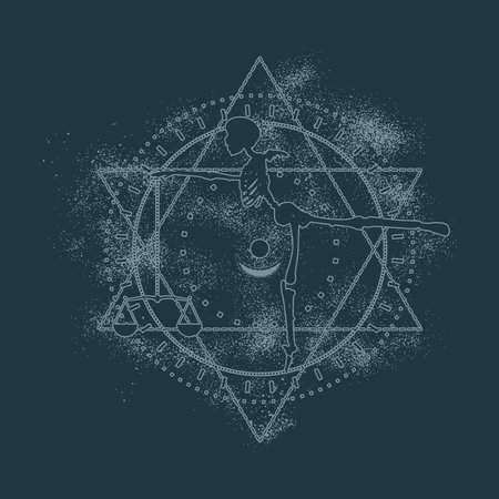 Mystery, witchcraft, occult and alchemy tattoo sign. Mystical vintage gothic geometry thin lines symbol with silhouette of a human skeleton and scales. Grunge style illustrationのイラスト素材