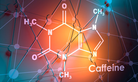 Chemical molecular formula of caffeine. Connected lines with dots background. 3D renderingの写真素材