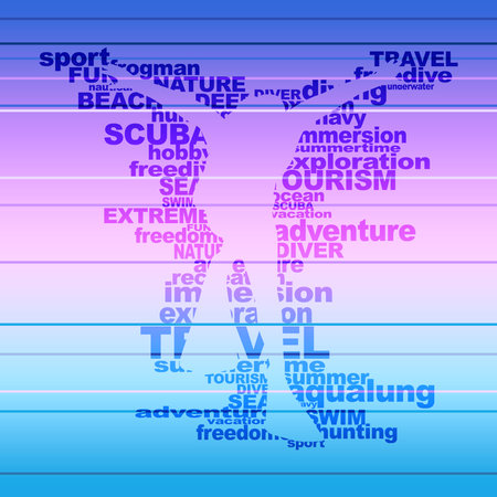 Silhouette of diver from relative words cloud. Icon diver. The concept of sport diving.のイラスト素材