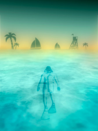 Scuba diver silhouette swimming to tropical island under water in the ocean near the surface. Top...