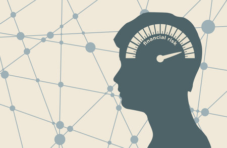 Financial risk level scale with arrow. The measuring device icon. Face profile view. Silhouette of male head. Connected lines with dotsのイラスト素材
