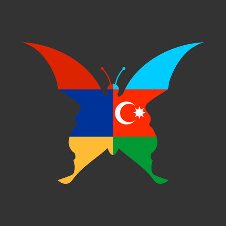 Image relative to political relationships between Armenia and Azerbaijan. Silhouettes of two men that screams to each other. National flags. Optical illusionのイラスト素材