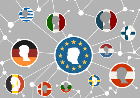 Some of the major emerging national European Union members flags with human heads. Trade union. Brochure or web banner design.のイラスト素材