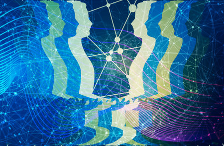 Men in meditation pose. Cutout silhouettes. Connected lines with dothの写真素材