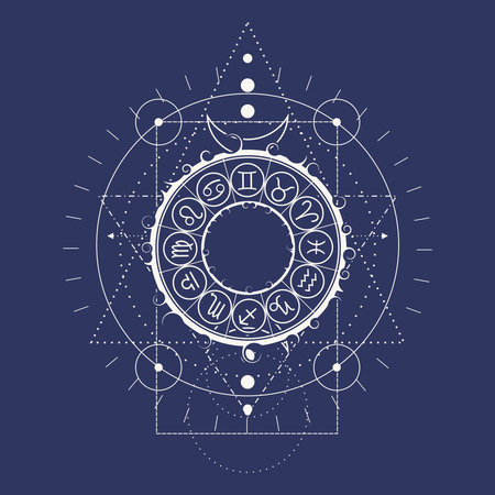 Mystical geometry symbol. Linear alchemy, occult, philosophical sign. Astrology and religion concept. Zodiac circleのイラスト素材