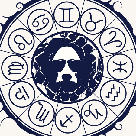 Mystical geometry symbol. Linear alchemy, occult, philosophical sign. Astrology and religion concept. Zodiac circle. Evil man portrait in frameのイラスト素材
