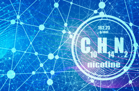 Chemical formula of nicotine. Connected lines with dots backgroundの写真素材