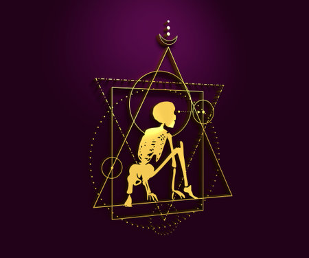 Mystery, witchcraft, occult and alchemy tattoo sign. Mystical vintage gothic geometry thin lines symbol with silhouette of a human skeleton. 3D renderingの写真素材