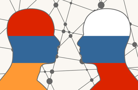 Image relative to political and economic relationship between Armenia and Russia. National flags inside the heads of the businessmen. Teamwork concept.のイラスト素材