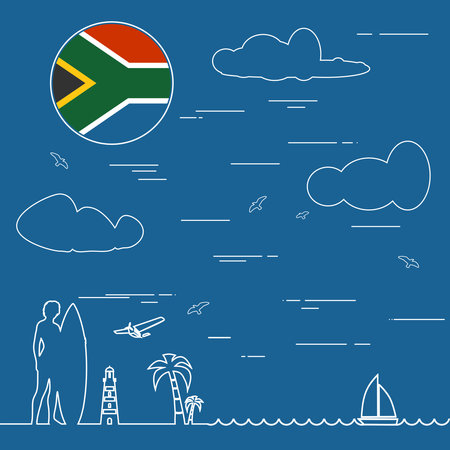 Woman posing with surfboard. Palm. airplane and lighthouse. Thin line style seascape. Flag of the South Africaのイラスト素材